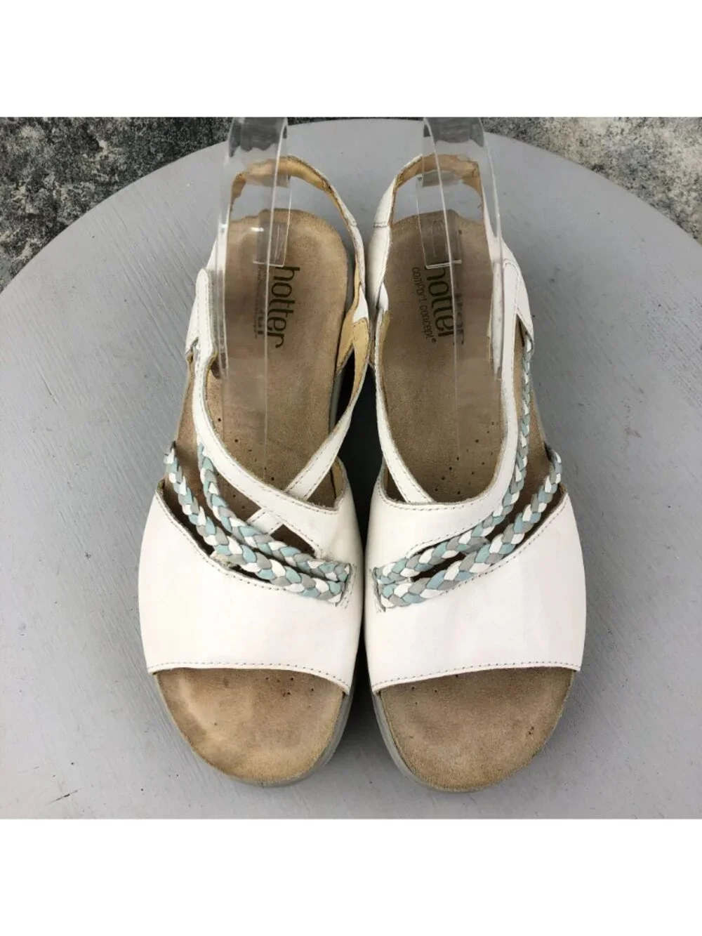 Hotter Women's Size 8 Inspire White Leather Braided Open Toe Hook & Loop Sandals